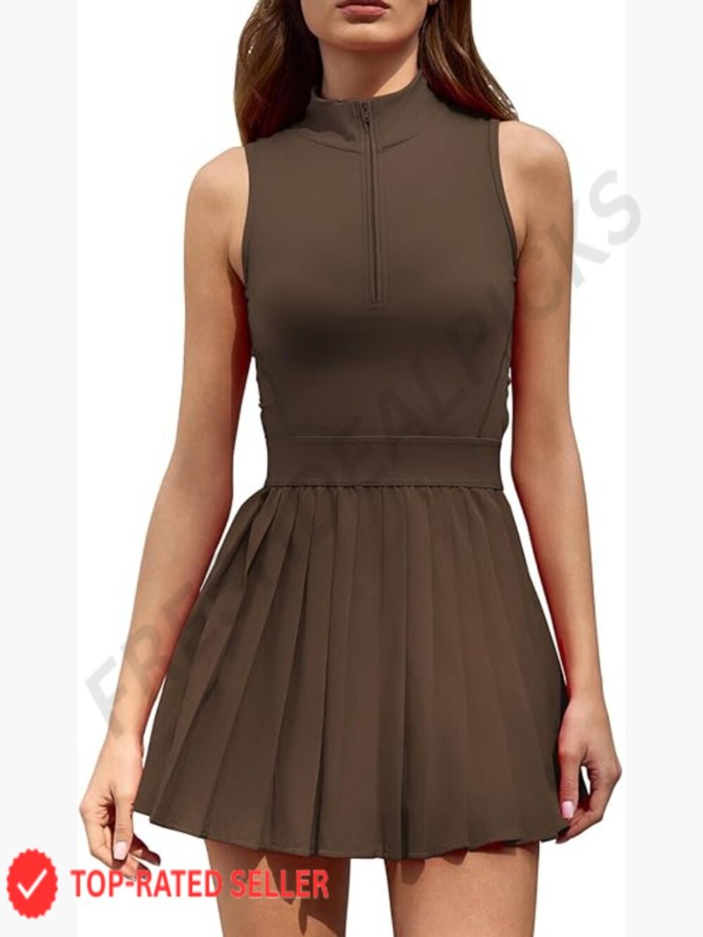 Zip Front Tennis Dress High Neck Pleated Sleeveless Two Piece Set with Pockets
